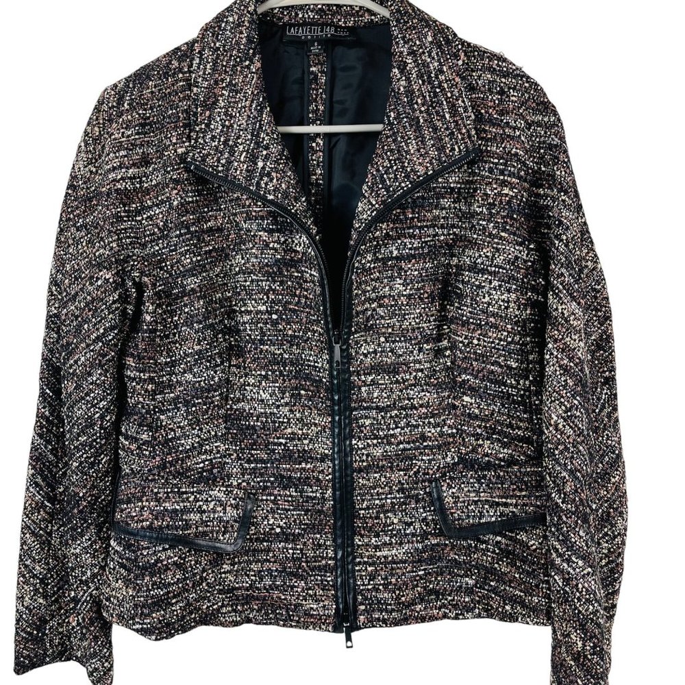 LAFAYETTE 148 Multi-Color Tweed Faux Leather Trim Wool Blend Blazer Jacket SZ 8P - Picture 1 of 14